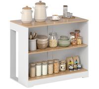 HOMCOM Table de bar, table haute cuisine à 3 niveaux avec 2 compartiments ouverts, plateau en effet bois naturel, pour salle à manger et cuisine, 113 x 60 x 90 cm, blanc