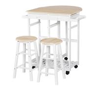 HOMCOM Ensemble Table de Bar Pliable sur roulettes avec étagère et 2 tiroirs + 2 tabourets style contemporain Bois pin MDF Blanc chêne Clair