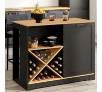 IDMarket – Table de bar îlot VITO 113 cm avec range-bouteilles, bois noir, plateau façon hêtre