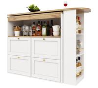 Table de bar pivotante à 360° blanche, îlot de cuisine modulable en L avec 4 tiroirs et étagères, mange-debout pour salon.