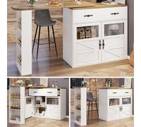 Table de bar XL pivotante à 360° et extensible (138-204 cm), comptoir de cuisine avec vitrines en acrylique et tiroir, table haute moderne et îlot de cuisine, blanc