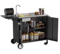 Table de barbecue avec évier, îlot de cuisine en métal avec plan de travail rabattable et espace de rangement, chariot de barbecue à roulettes pour le jardin, la cour et la pelouse