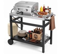 Table de barbecue COSTWAY, chariot de barbecue avec plan de travail en acier inoxydable, étagère, poignée latérale et roulettes, chariot de service, table d'appoint, dimensions : 90 x 59 x 81 cm