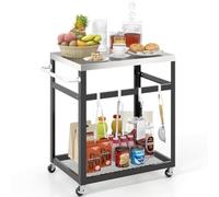 Table de Barbecue d'extérieur avec 2 étagères, 4 Roues, poignée et 4 Crochets, Table à Pizza, Table d'appoint, Chariot de Service pour arrière-Cour, Jardin, terrasse (2 étagères)