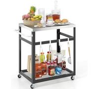 Table de barbecue d'extérieur, chariot de barbecue avec 2 étagères, 4 roues, une poignée et 4 crochets, table à pizza, table d'appoint, chariot de service pour jardin, terrasse (2 étagères)