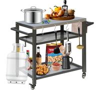 Table de barbecue d'extérieur - Chariot de gril plat mobile en acier inoxydable, table de travail multifonction en métal avec double étagère pour la cuisson