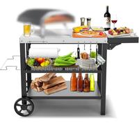 Table de barbecue en acier inoxydable, chariot de barbecue à 3 niveaux, support pour four à pizza, table de barbecue d'extérieur, chariot de travail avec 4 crochets, chariot de service d'extérieur, ta