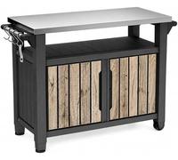 Table de barbecue UNITY XL | Table de service imitation bois de pin | 298 litres | avec plateau en acier inoxydable, portes, étagère, supports, porte-rouleaux de cuisine, roulettes et poignée | Résist