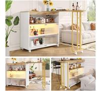 Table de bistrot télescopique avec éclairage LED - Rangement moderne - Table claire - Îlot de cuisine - Blanc et or - Largeur 138-204 cm