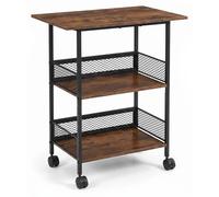 Table de bureau à 3 niveaux - Étagère de rangement mobile - Style industriel - Montée sur roulettes - Structure en fer et panneaux de fibres de densité moyenne (MDF) - Rotation à 360° - Marron