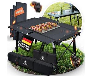 Table de camping premium Castra avec grill intégré – Aluminium 7075, réglable en hauteur, résistante aux intempéries pour une utilisation en extérieur, système de pliage innovant, table multifonction