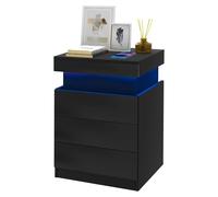 Table de chevet à LED - Commode de chevet avec multiprise - 3 tiroirs - Couvercle coulissant - Ports USB - Structure en métal - Noir