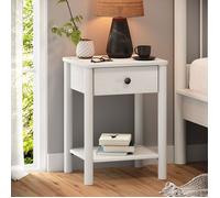 Table de chevet APOANA avec 1 tiroir et 1 tablette, dimensions montées 45 x 55 x 35 cm, pin massif blanc, style naturel