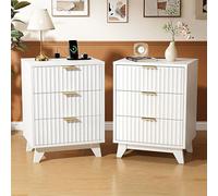 Table de chevet avec 3 tiroirs, ensemble de 2 tables de nuit avec prise électrique et port USB, portes rainurées, table de chevet pour lit à lattes, chambre à coucher, table d'appoint en panneaux de p