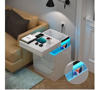 Table de Chevet avec Ports et Prises USB - LDSZXNE - Blanc - 3 Tiroirs - 16 Couleurs Lumières LED