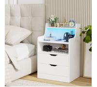 Table de chevet avec prise et ports USB - PIPIPOXER - Blanc - 2 tiroirs - Chevet avec LED