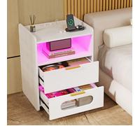 Table de Chevet avec Prises - DHHOZAMZ - Chevet de Lit Blanc avec 2 Tiroirs et LED Réglable - 50 x 40 x 64 cm
