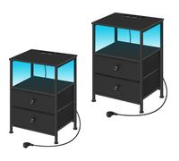 Table de Chevet avec Prises - Lot de 2 - WOLTU Table de Nuit LED - 2 Tiroirs en Tissu - Métal+MDF - Noir W0ITT7086