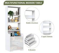 Table de chevet avec station de recharge - Table d'appoint haute - 4 compartiments ouverts - 3 tiroirs - Bois, 177 cm - Blanc