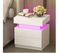 Table de Chevet Blanche LED - LDSZXNE - Table de Nuit - Moderne, deux Tiroirs LED RGB - 45x35x52 cm