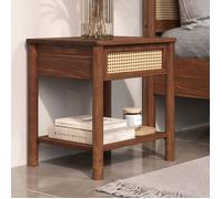 Table de Chevet CEFIRA avec 1 Tiroir en Bois Massif Couleur Châtaignier, Design Élégant en Rotin, avec 1 Étagère