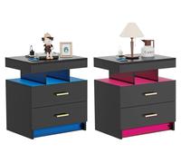 Table de chevet - Commode de chevet à 2 tiroirs - Éclairage LED - 2 prises électriques et un port USB - Structure métallique - Montage facile - Modèle démontable - Noir