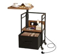 Table de Chevet Connectée à Roulettes avec Plateau Pivotant 360° Hauteur Réglable 64 80 cm Prises Intégrées 2AC 220V 2USB 5V 2,1A Grand Rangement Colonne Renforcée Bois Massif Plateau Creusé Bord Anti