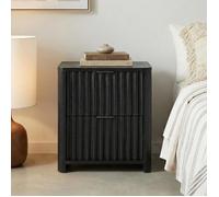 Table de Chevet ELLA H 50 cm Avec 2 Tiroirs en Bois Noir Façades Striées Poignées en Métal Table de Nuit Contemporaine