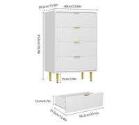 Table de chevet en bois à rainures - Petite table d'appoint pour chambre - 4 tiroirs de rangement - Poignées et pieds dorés - Style minimaliste moderne - Blanche