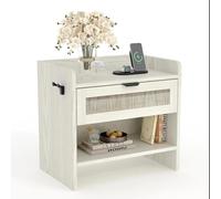 Table de chevet en rotin - Commode de chevet - Avec station de recharge USB-C - Un tiroir - Structure en bois - Design moderne - Pour la chambre à coucher et le salon - Blanc laiteux