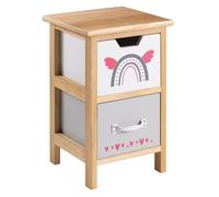 Table de chevet enfant ESTA petite commode en bois de paulownia naturel, 2 tiroirs gris et blanc aux motifs arc-en-ciel