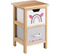 Table de chevet enfant ESTA petite commode en bois de paulownia naturel, 2 tiroirs gris et blanc aux motifs arc-en-ciel Blanc, Gris, Naturel G