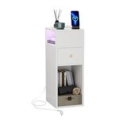 Table de Chevet étroite avec éclairage LED et Station de Charge - Commode à 4 étages avec 2 AC+2 USB, 1 tiroir, lumière Bluetooth, Blanche - 66 x 30 x 25 cm - Armoire de Niche comme Table d'appoint
