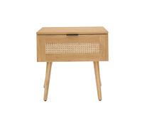 Table de chevet finition bois clair, cannage rotin et métal noir manille