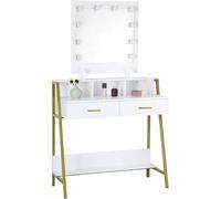 Table de chevet Hollywood de luxe avec miroir à LED, blanc doré, 90 x 135 x 40 cm