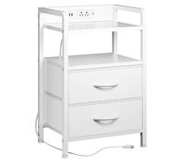 Table de chevet industrielle - Table d'appoint à 2 tiroirs - Paniers en tissu - Piètement en métal - Multiprise et éclairage LED - blanc