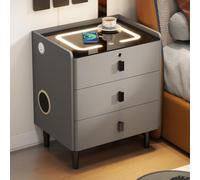 Table de Chevet Intelligente à Charge Sans fil, 3 Tiroirs et Audio | Serrure D'empreinte Digitale, Éclairage 3 Couleurs, Port USB, Meuble PU Résistant aux Griffes pour Chambre(Gray,45cm/18in)