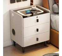 Table de Chevet Intelligente à Charge Sans fil, 3 Tiroirs et Audio | Serrure D'empreinte Digitale, Éclairage 3 Couleurs, Port USB, Meuble PU Résistant aux Griffes pour Chambre(Beige,40cm/16in)