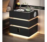 Table de Chevet Intelligente, Table de Nuit avec Station de Charge | Lumière LED Capteur Tactile, Serrure à Code, Cuir Microfibre, Enceinte Cachée, 3 Tiroirs pour Chambre(Black,50cm/20in)