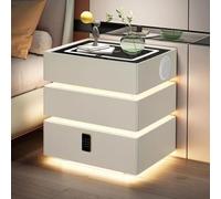 Table de Chevet Intelligente, Table de Nuit avec Station de Charge | Lumière LED Capteur Tactile, Serrure à Code, Cuir Microfibre, Enceinte Cachée, 3 Tiroirs pour Chambre(White,45cm/18in)