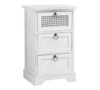 Table de chevet IRMA petite commode de nuit avec 3 tiroirs, en bois paulownia blanc style shabby chic vintage bohême déco en rotin