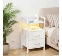 Table De Chevet, Meuble De Chevet En Fer Et Panneau De Densité, Table d'Appoint Avec 2 Tiroirs, étagère De Rangement, Station De Charge 2 Prises + 2 USB, éclairage LED, Stable Et Mobile, Pour Cha