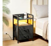 Table De Chevet, Meuble De Chevet En Fer Et Panneau De Densité, Table d'Appoint Avec 2 Tiroirs, étagère De Rangement, Station De Charge 2 Prises + 2 USB, éclairage LED, Stable Et Mobile, Pour Cha