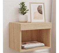 vidaXL Table de Chevet Murale avec Lumières LED, Armoire de Lit Suspendue, Table de Nuit, Armoire de Nuit Chambre, Moderne, Chêne Sonoma