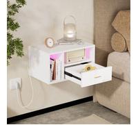 Table de chevet murale en bois -Table de nuit flottante - 1 tiroir - charger 1AC+2USB - Éclairage LED 0.4m - 46.5x30x25.5cm - Blanc