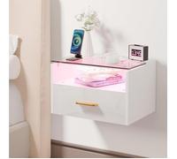 Table de Chevet murale PIPIPOXER - Brillante - Prise et USB - Bande Lumineuse RVB - Verre - 1 tiroir et 1 Compartiment - Blanc