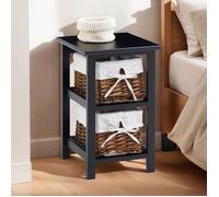 Idimex Table de chevet Nokomis – bois, 2 paniers osier, insert tissu blanc, lasuré noir