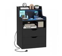 Table de chevet PIPIPOXER,Table de nuit avec Prise et ports USB,2 tiroirs et 1 niche,Éclairage LED Réglable,45x35x72,5 cm,Noir