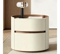 Table de Chevet Ronde avec 2 tiroirs Table d'appoint en Bois sans Pieds | Meuble de rangement Revêtement en cuir Facile à nettoyer Pour chambre à coucher et salon(White 1)