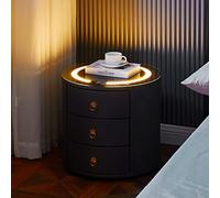 Table de Chevet Ronde Intelligente avec lumière LED et 3 tiroirs, Table de Chevet en Bois avec revêtement en Simili Cuir avec Chargement sans Fil et 3 Modes d'éclairage, Armoire de Rangement